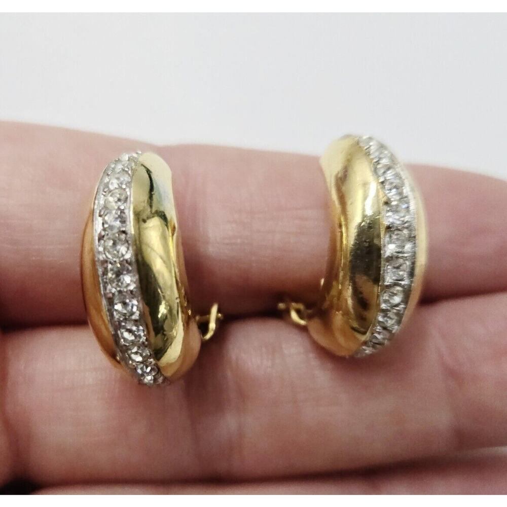 Vintage Crown Trifari Gold Tone Clear Rhinestone Half Hoop Clip On Earrings